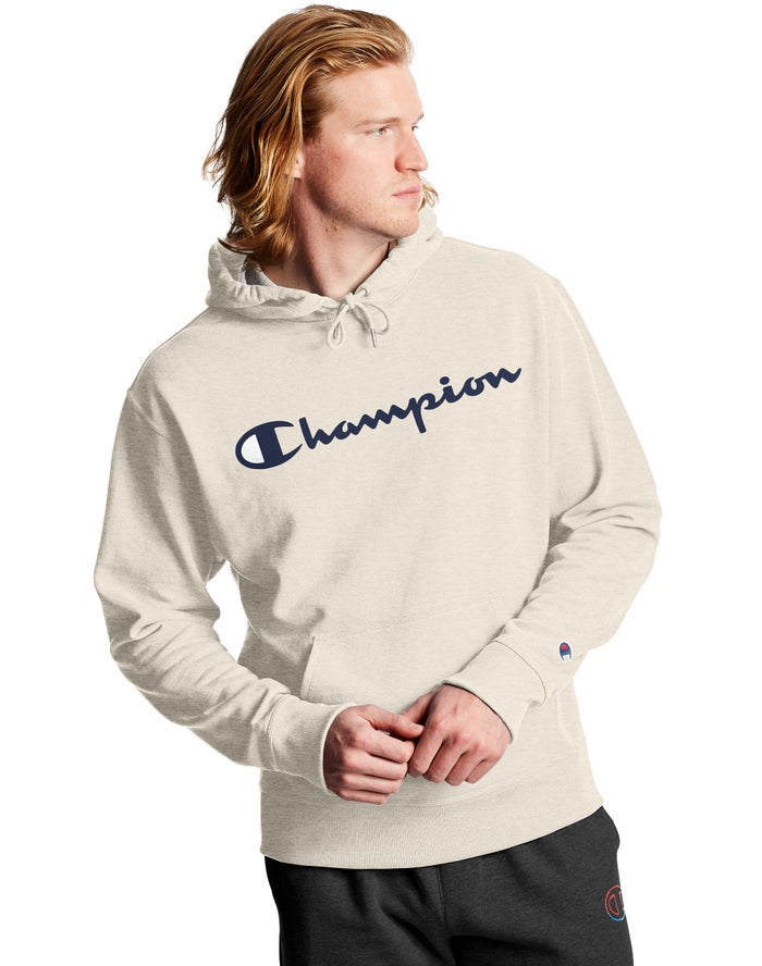 Champion Herre Hættetrøje Hvide - Powerblend Fleece Script Logo - Danmark TJM-738016